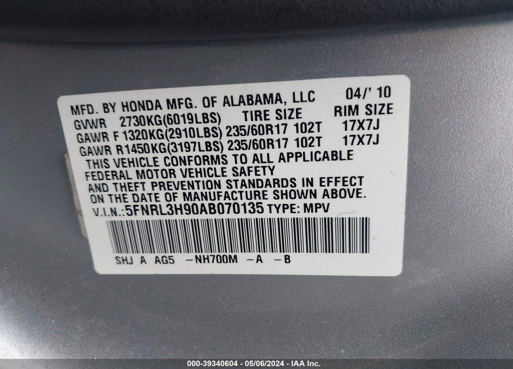 2010 HONDA ODYSSEY TOURING VIN: 5FNRL3H90AB070135