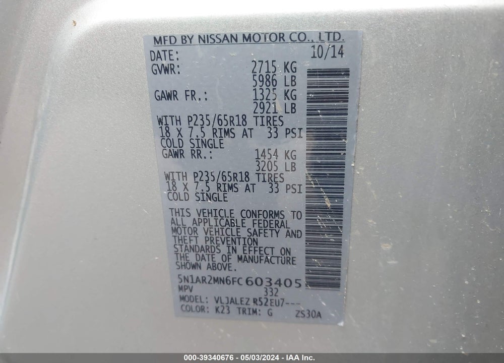 2015 NISSAN PATHFINDER PLATINUM/S/SL/SV VIN: 5N1AR2MN6FC603405