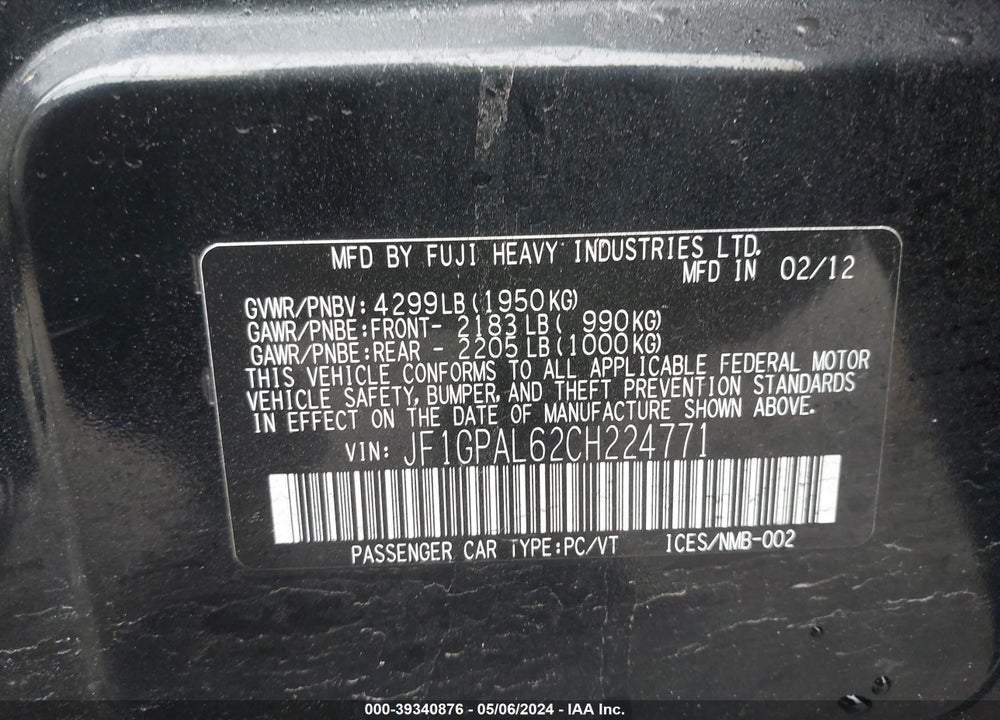 2012 SUBARU IMPREZA 2.0I SPORT PREMIUM VIN: JF1GPAL62CH224771