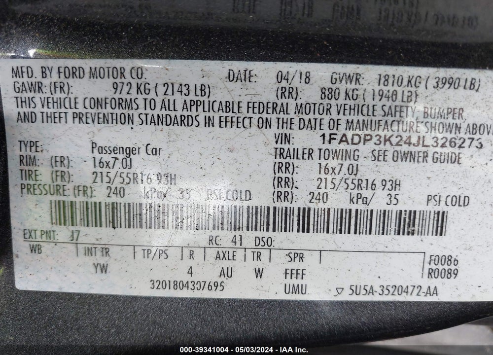 2018 FORD FOCUS SE VIN: 1FADP3K24JL326273