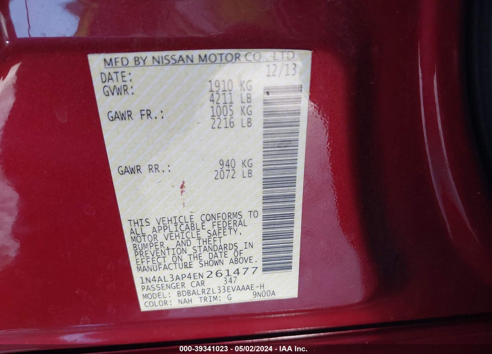 2014 NISSAN ALTIMA 2.5 S VIN: 1N4AL3AP4EN261477