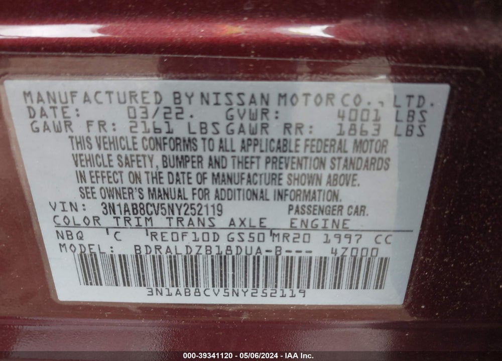 2022 NISSAN SENTRA SV XTRONIC CVT VIN: 3N1AB8CV5NY252119