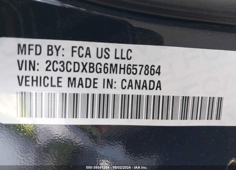 2021 DODGE CHARGER SXT RWD VIN: 2C3CDXBG6MH657864