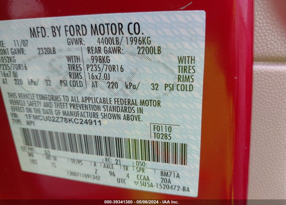 2008 FORD ESCAPE XLS/XLS MANUAL VIN: 1FMCU02Z78KC24911