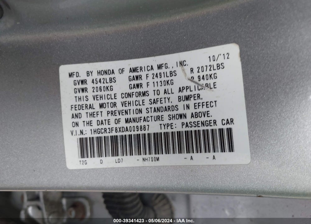 2013 HONDA ACCORD EX-L V-6 VIN: 1HGCR3F8XDA009887