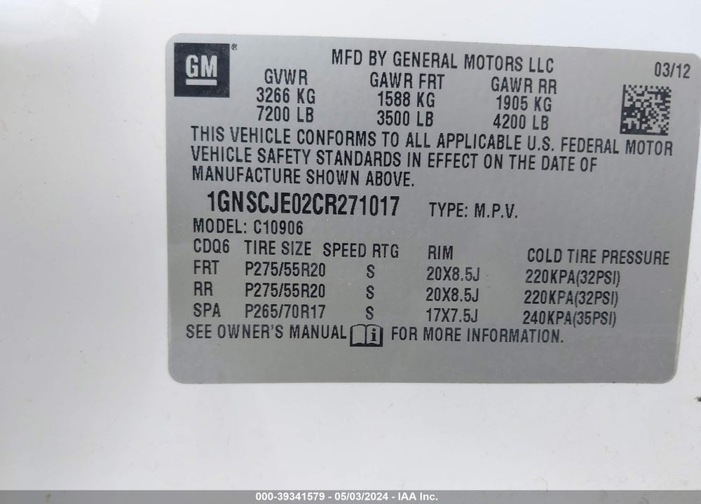 2012 CHEVROLET SUBURBAN 1500 LT VIN: 1GNSCJE02CR271017