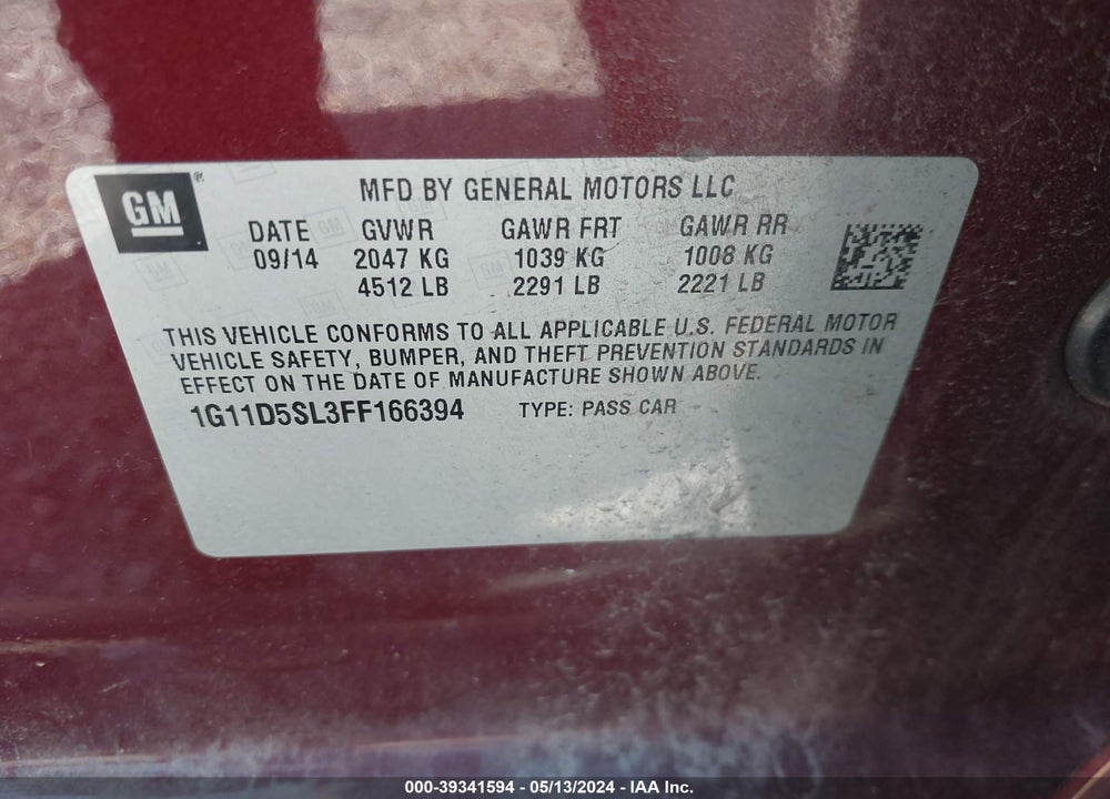 2015 CHEVROLET MALIBU 2LT VIN: 1G11D5SL3FF166394