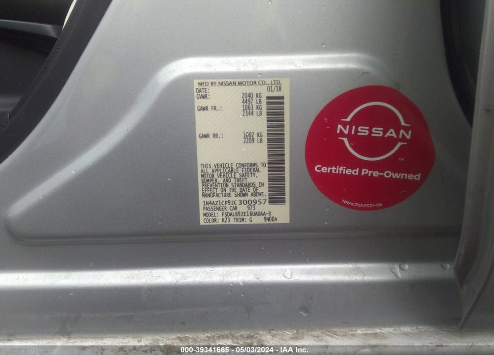 2018 NISSAN LEAF S VIN: 1N4AZ1CP9JC300957