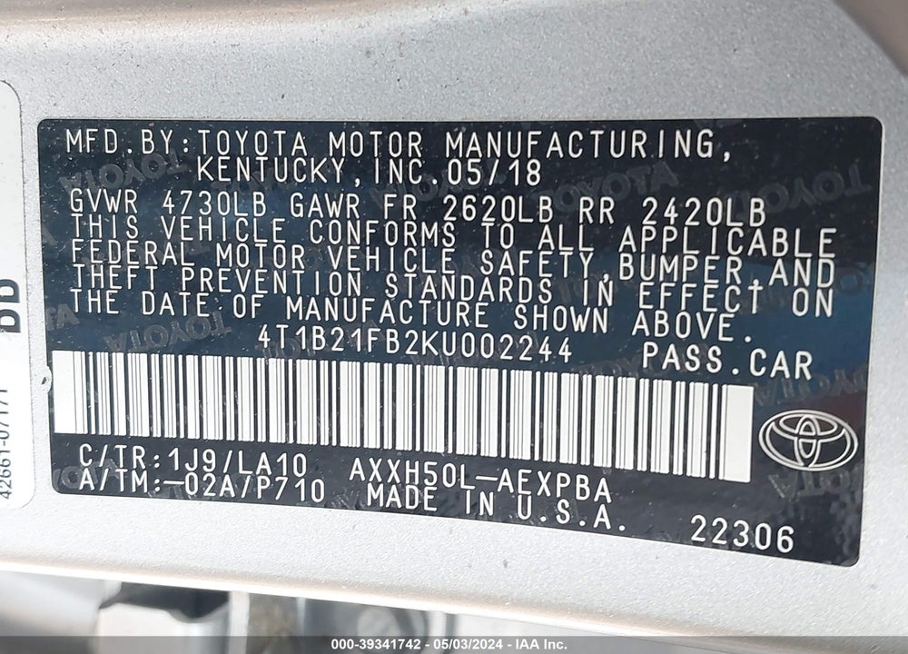 2019 TOYOTA AVALON HYBRID LIMITED VIN: 4T1B21FB2KU002244