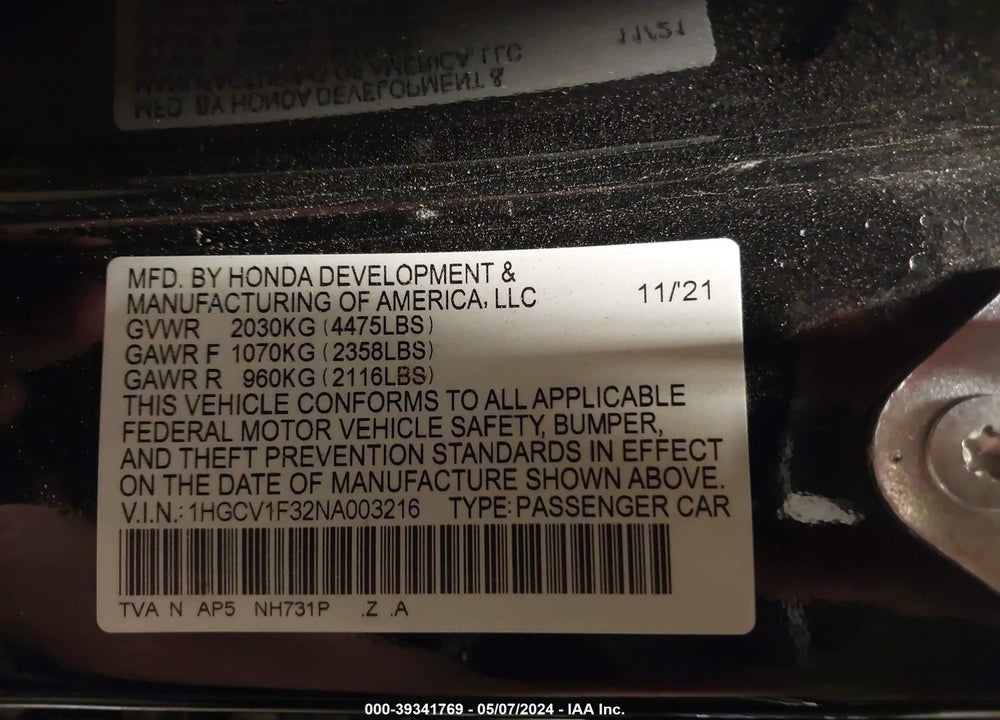 2022 HONDA ACCORD SPORT VIN: 1HGCV1F32NA003216