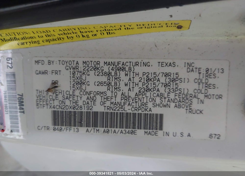 2013 TOYOTA TACOMA VIN: 5TFTX4CN2DX028192