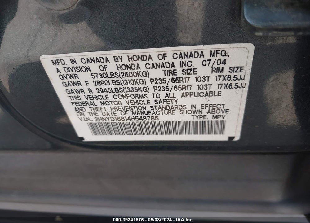 2004 ACURA MDX VIN: 2HNYD18814H548785