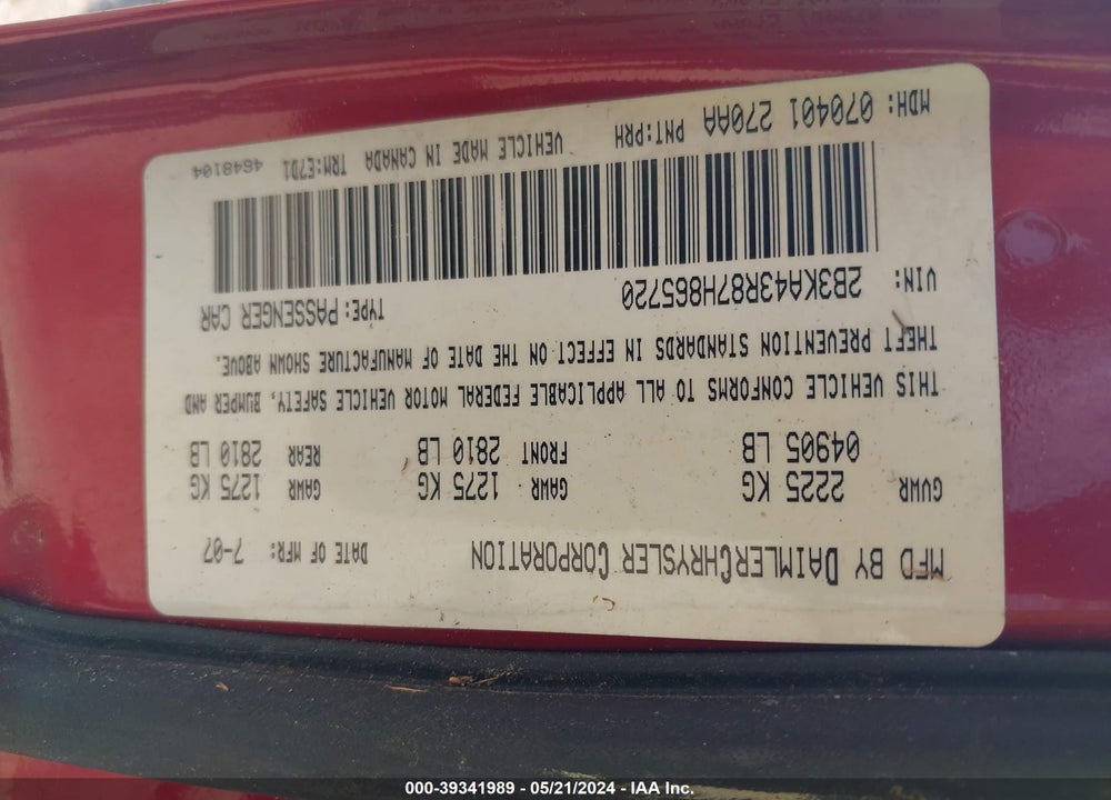 2007 DODGE CHARGER VIN: 2B3KA43R87H865720