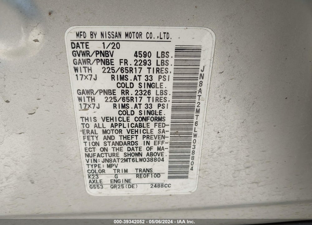 2020 NISSAN ROGUE SV FWD VIN: JN8AT2MT6LW038804