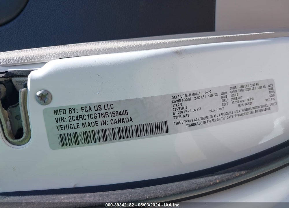2022 CHRYSLER VOYAGER LX VIN: 2C4RC1CG7NR159446