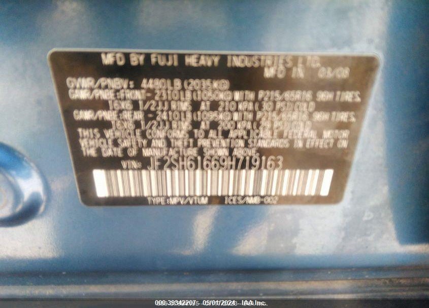 2009 SUBARU FORESTER 2.5X VIN: JF2SH61669H719163