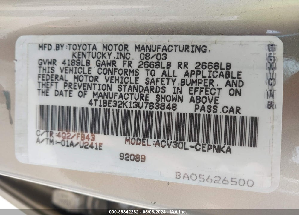 2003 TOYOTA CAMRY LE VIN: 4T1BE32K13U783848