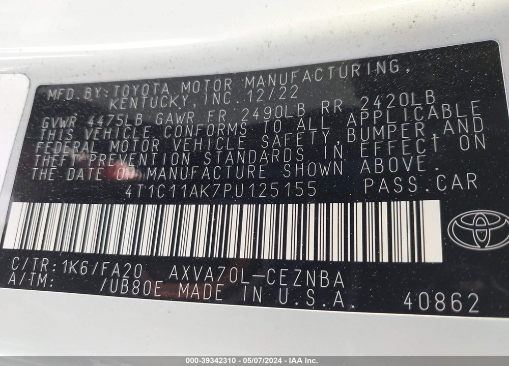 2023 TOYOTA CAMRY LE VIN: 4T1C11AK7PU125155