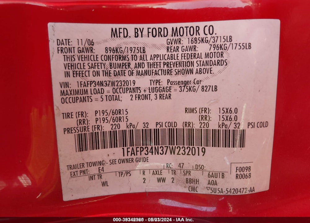 2007 FORD FOCUS VIN: 1FAFP34N37W232019