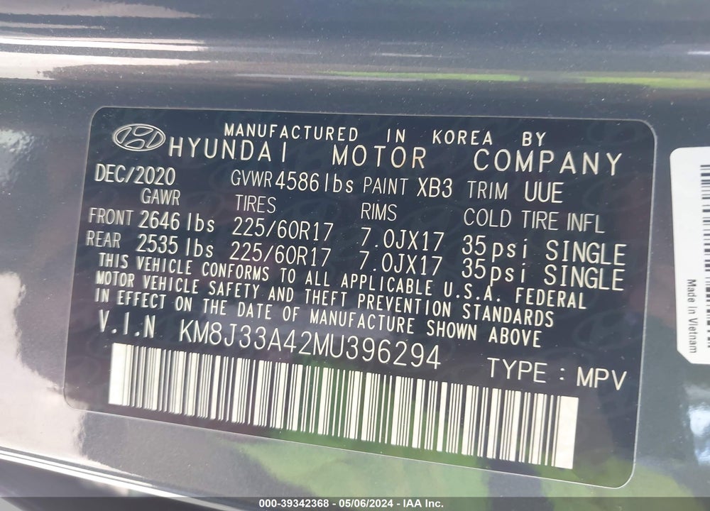 2021 HYUNDAI TUCSON VALUE VIN: KM8J33A42MU396294
