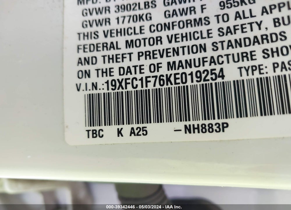 2019 HONDA CIVIC EX-L VIN: 19XFC1F76KE019254