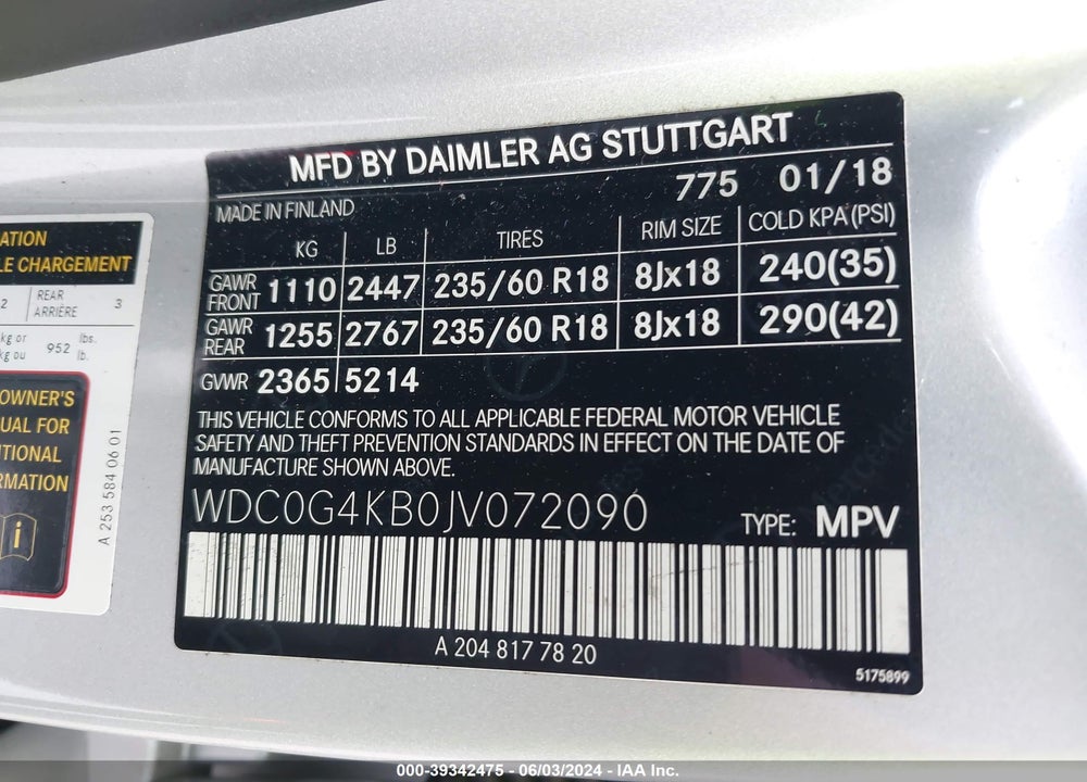 2018 MERCEDES-BENZ GLC 300 4MATIC VIN: WDC0G4KB0JV072090