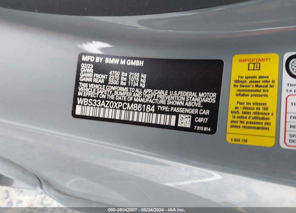 2023 BMW M4 COMPETITION VIN: WBS33AZ0XPCM86184