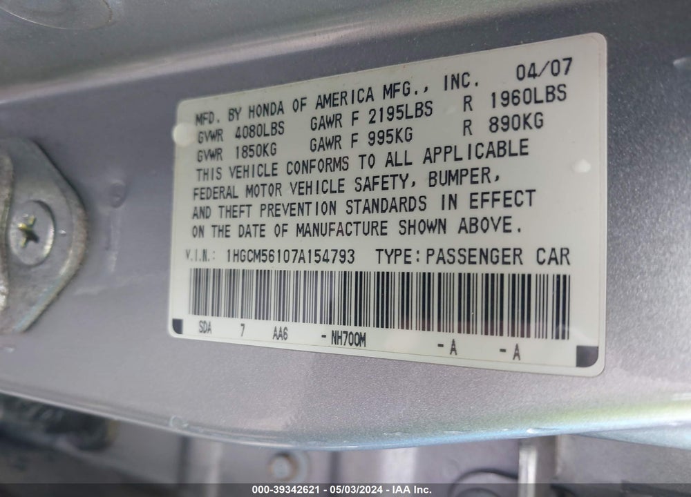 2007 HONDA ACCORD 2.4 VP VIN: 1HGCM56107A154793