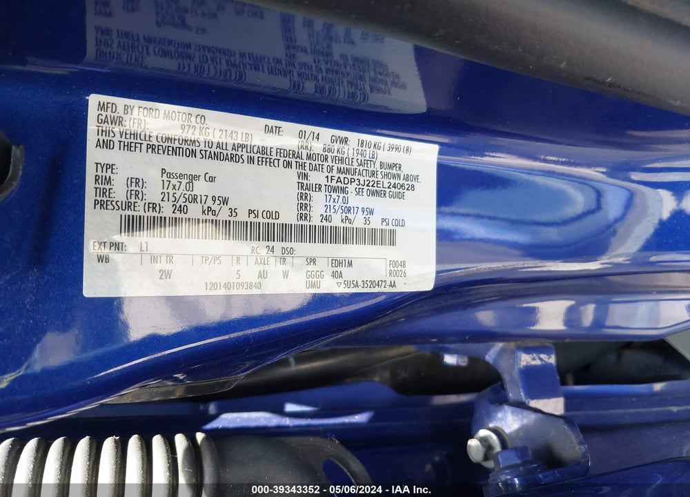 2014 FORD FOCUS TITANIUM VIN: 1FADP3J22EL240628