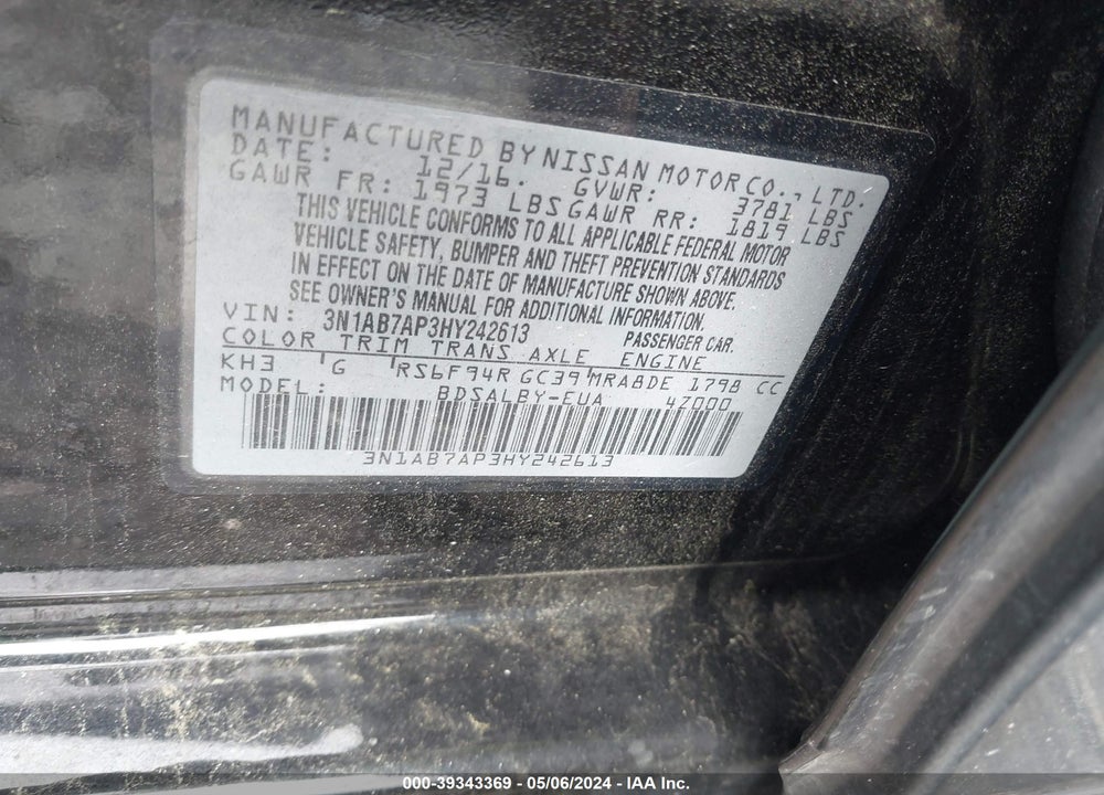2017 NISSAN SENTRA S VIN: 3N1AB7AP3HY242613