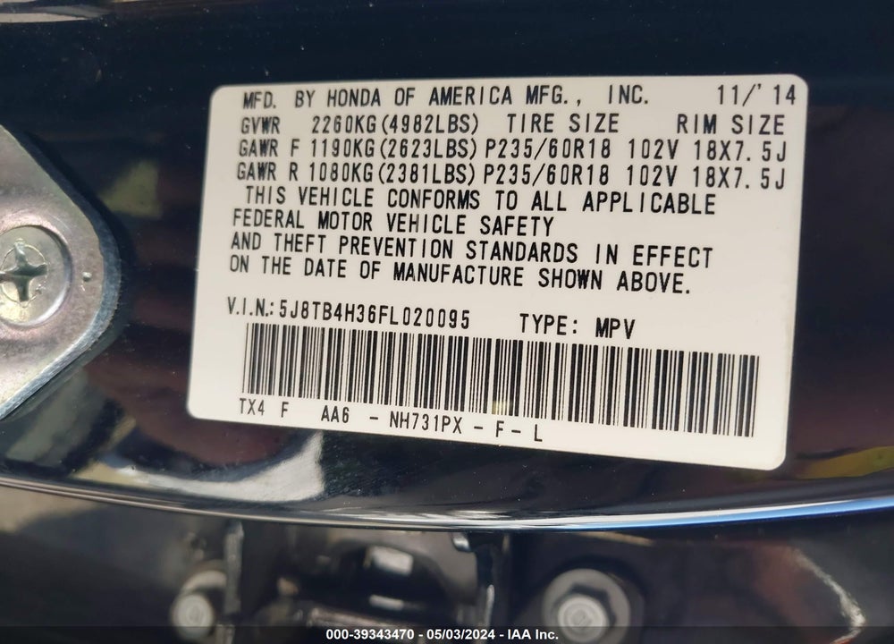 2015 ACURA RDX VIN: 5J8TB4H36FL020095