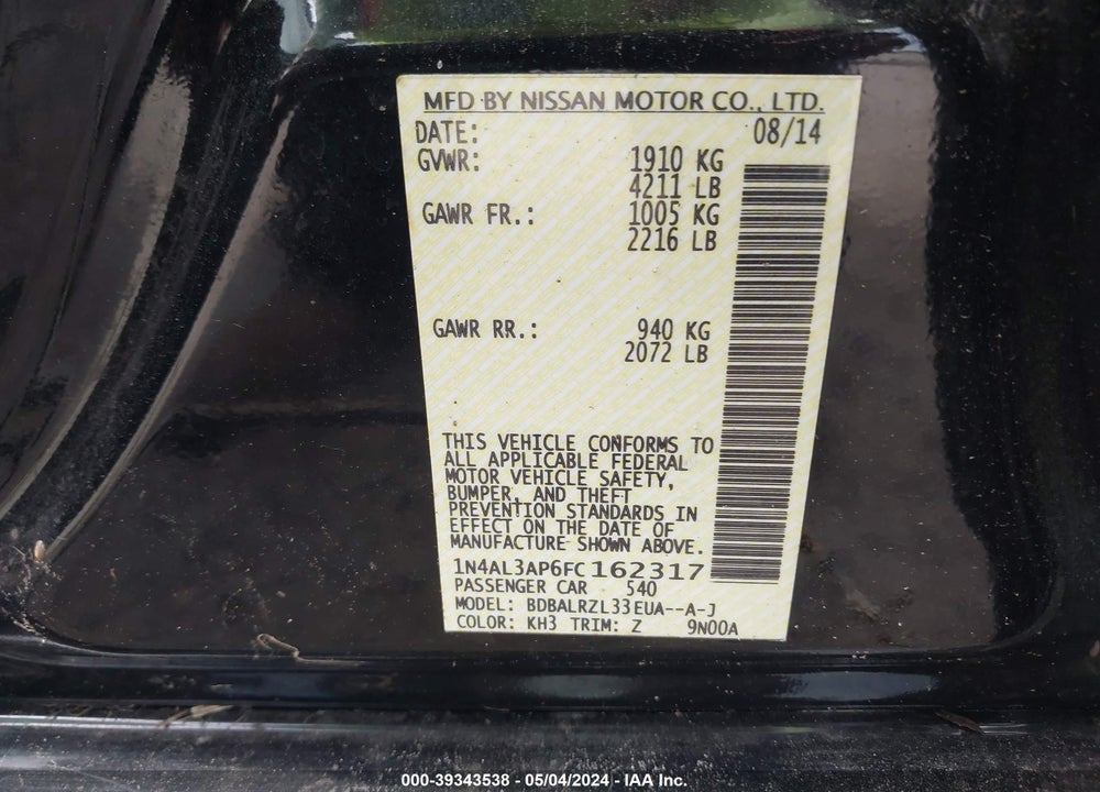 2015 NISSAN ALTIMA 2.5 SL VIN: 1N4AL3AP6FC162317