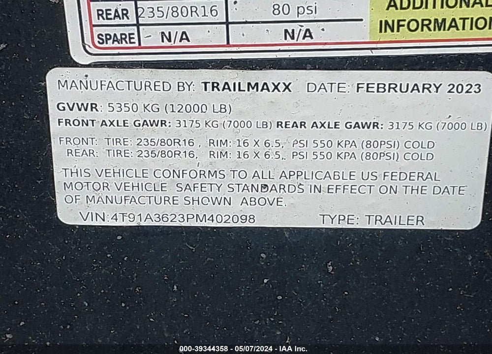 2023 TRAILMAXX AUTO HAULER TRAILER VIN: 4T91A3623PM402098