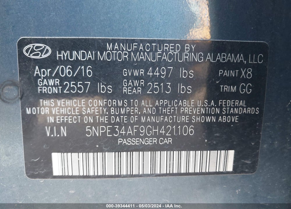 2016 HYUNDAI SONATA SPORT VIN: 5NPE34AF9GH421106