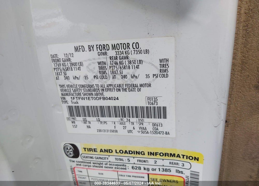 2013 FORD F-150 LARIAT VIN: 1FTFW1ET0DFB04024