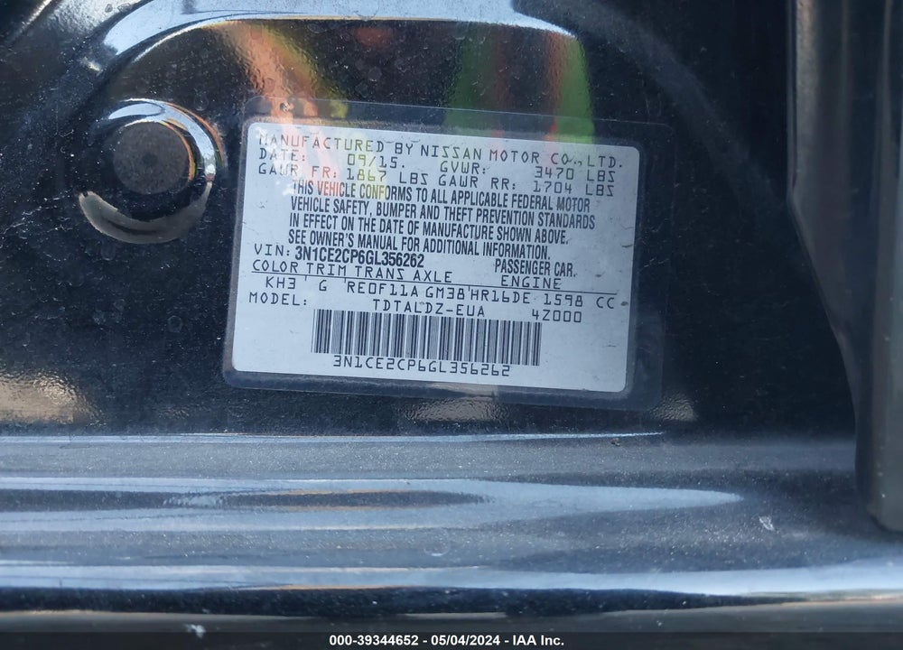 2016 NISSAN VERSA NOTE S (SR)/S PLUS/SL/SR/SV VIN: 3N1CE2CP6GL356262