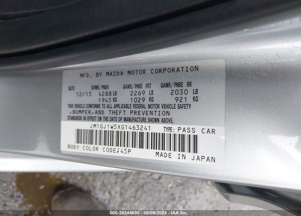 2016 MAZDA 6 I GRAND TOURING VIN: JM1GJ1W5XG1463241