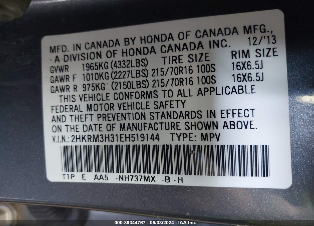 2014 HONDA CR-V LX VIN: 2HKRM3H31EH519144