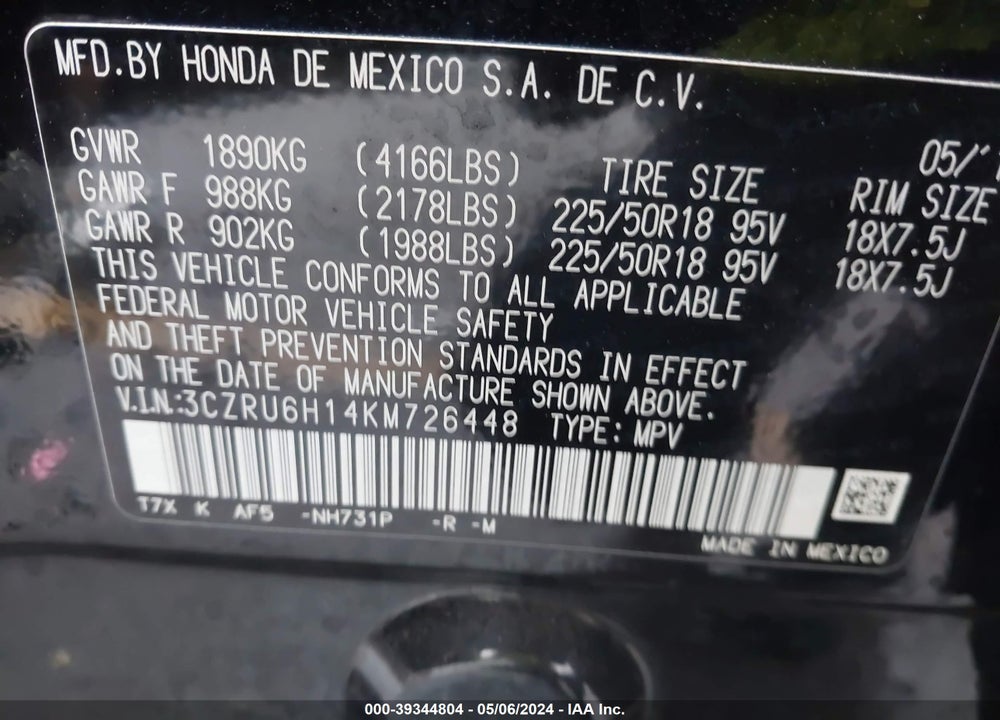 2019 HONDA HR-V SPORT VIN: 3CZRU6H14KM726448