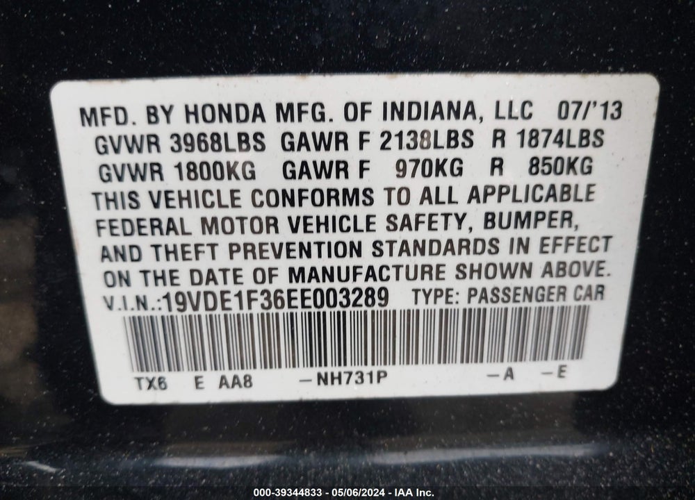 2014 ACURA ILX 2.0L VIN: 19VDE1F36EE003289