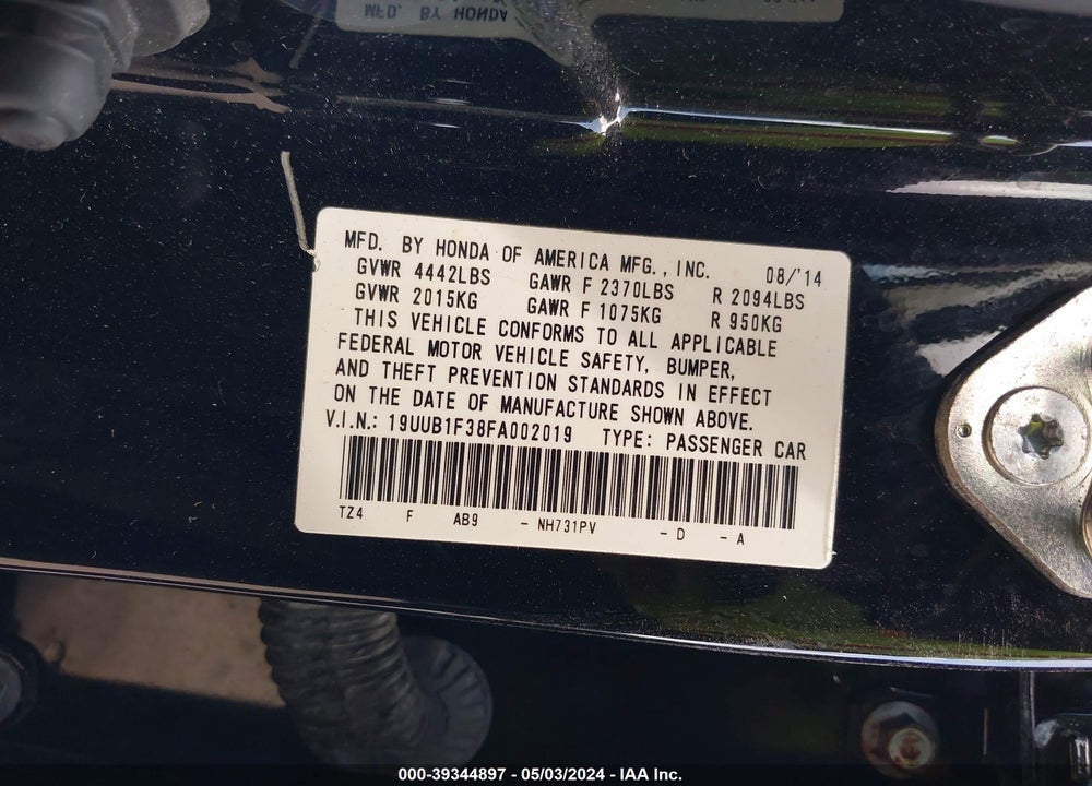 2015 ACURA TLX VIN: 19UUB1F38FA002019