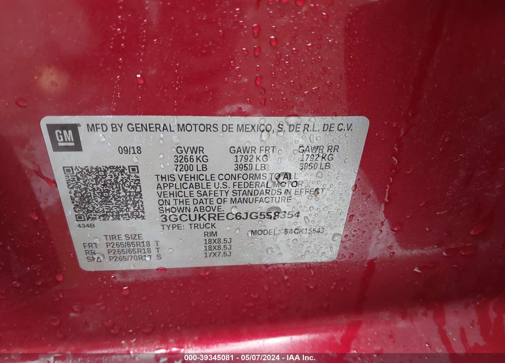 2018 CHEVROLET SILVERADO 1500 2LT VIN: 3GCUKREC6JG558354