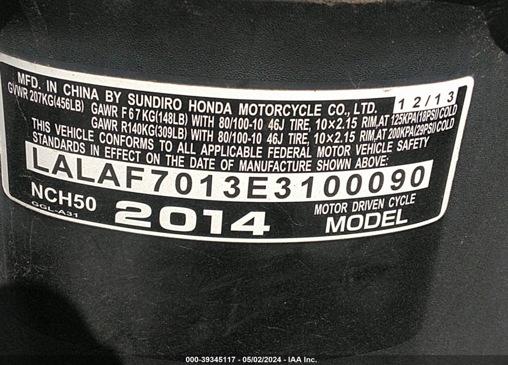 2014 HONDA NCH50 VIN: LALAF7013E3100090