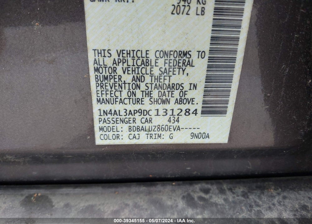 2013 NISSAN ALTIMA 2.5 SV VIN: 1N4AL3AP9DC131284
