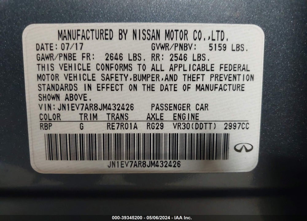 2018 INFINITI Q50 3.0T LUXE VIN: JN1EV7AR8JM432426
