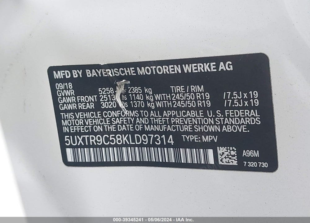 2019 BMW X3 XDRIVE30I VIN: 5UXTR9C58KLD97314