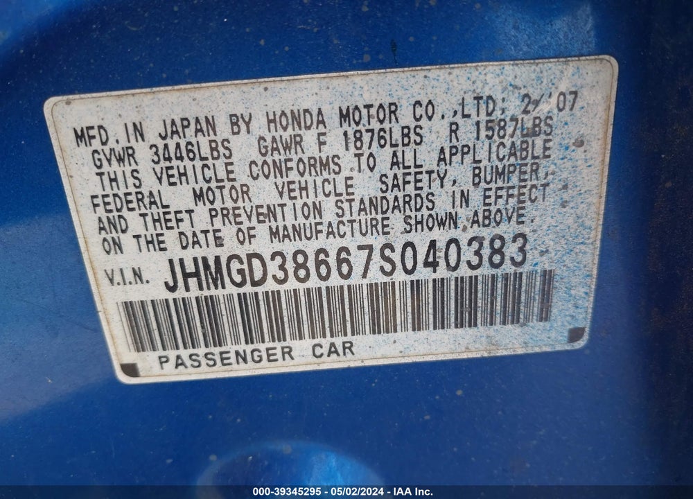 2007 HONDA FIT SPORT VIN: JHMGD38667S040383