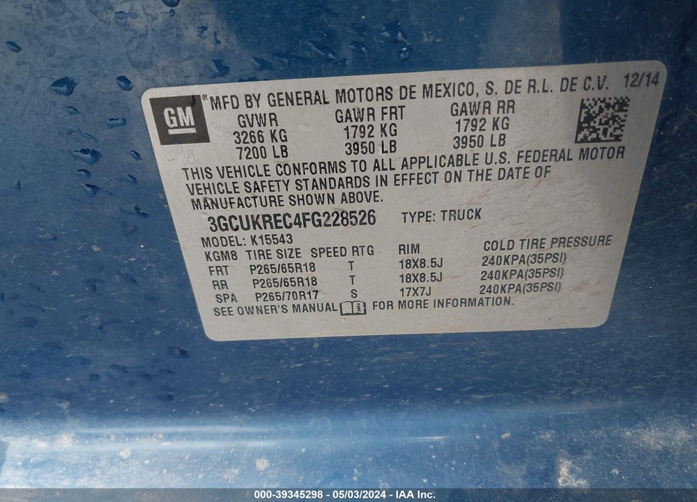 2015 CHEVROLET SILVERADO 1500 2LT VIN: 3GCUKREC4FG228526