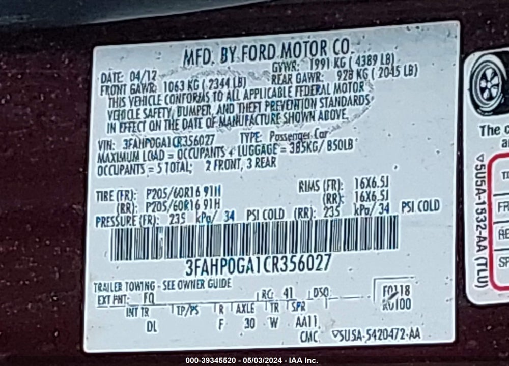 2012 FORD FUSION S VIN: 3FAHP0GA1CR356027