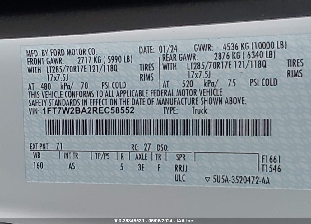 2024 FORD F-250 XL VIN: 1FT7W2BA2REC58552